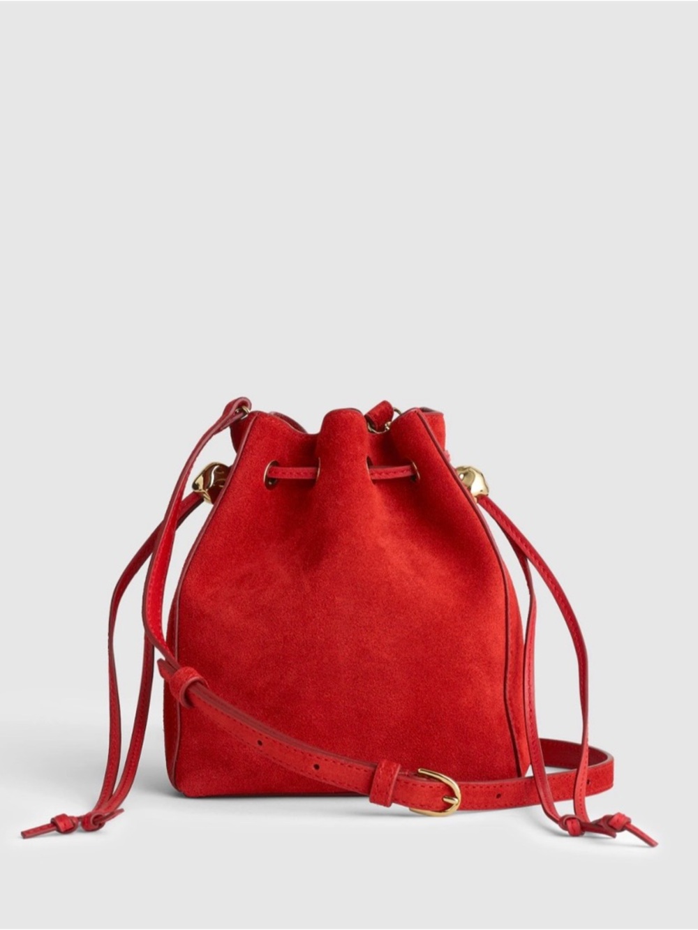 NWOT! MADEWELL The Mini Drawstring Crossbody Bucket Bag in Cardinal Red Suede